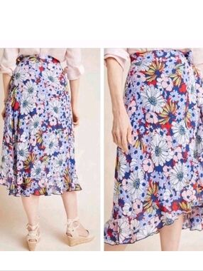 Anthropologie Maeve Floral Midi Wrap Ruffle Skirt